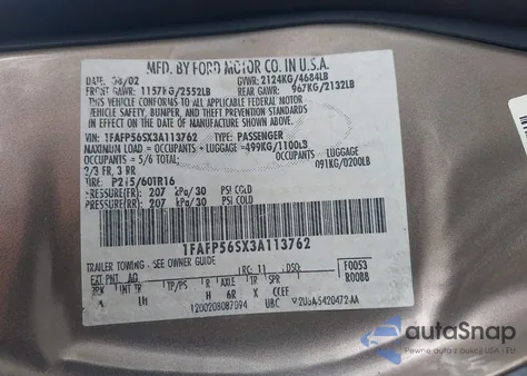 2003 Ford Taurus Sel из США, поврежденный, VIN 1FAFP56SX3A113762